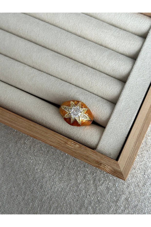 Orange Enamel Round Stone Ring - 1