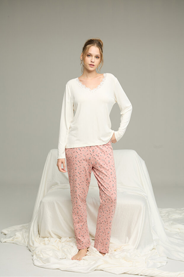 ekru desenli Örme Pamuklu Pijama Takım25240230 - 2