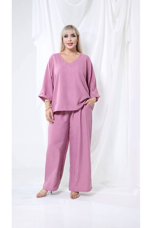 Plum Linen Fabric Wide Comfortable Fit V-Neck Bottom Top Set