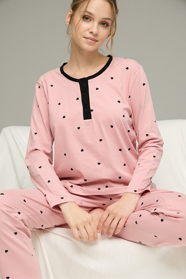pudra kalp desenli Örme Pamuklu Pijama Takım25240244 - 1