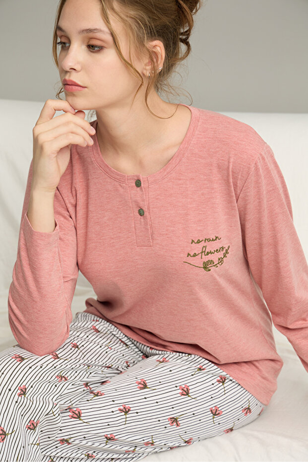 pudra desenli Düğmeli Örme Pamuklu Pijama Takım25240217 - 1