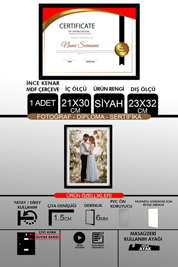1 قطعة إطار 21x30 - إطار A4 ذو شرائح رفيعة - إطار أسود - إطار شهادة الصور