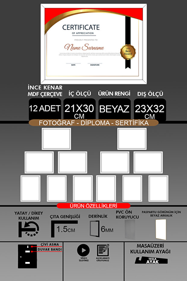 12 قطعة إطار 21x30 - إطار A4 ذو شرائح رفيعة - إطار أبيض - إطار شهادة الصور