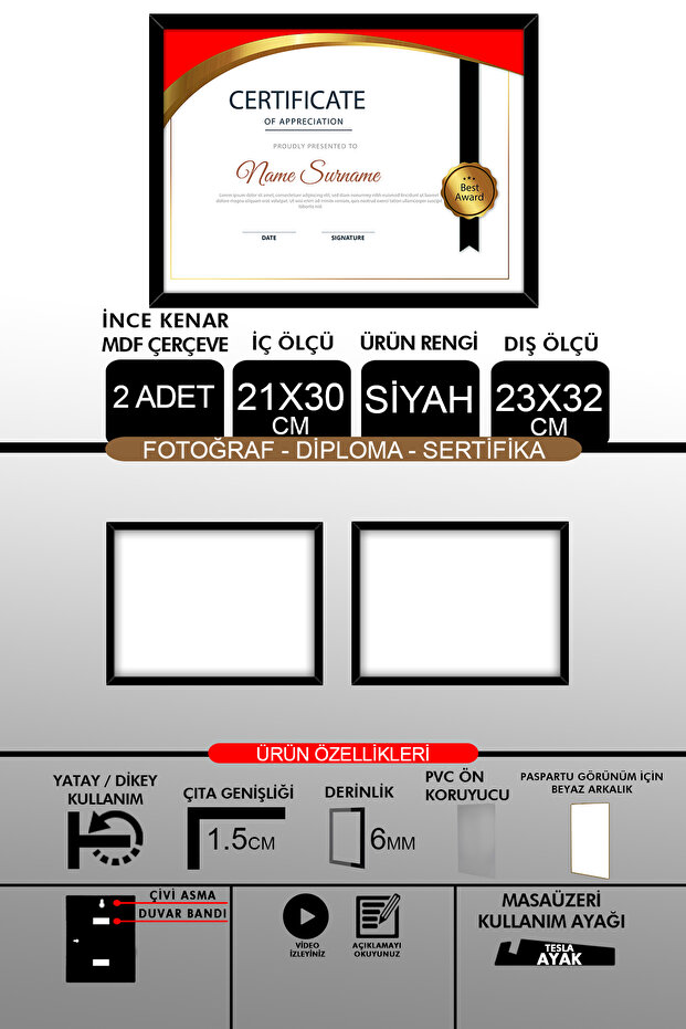 2 قطعة إطار 21x30 - إطار A4 ذو شرائح رفيعة - إطار أسود - إطار شهادة الصور