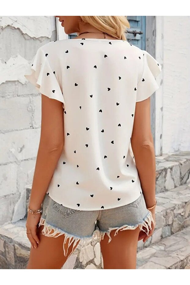 Women's Short Butterfly Sleeve Crew Neck Heart Pattern Single Jersey Blouse