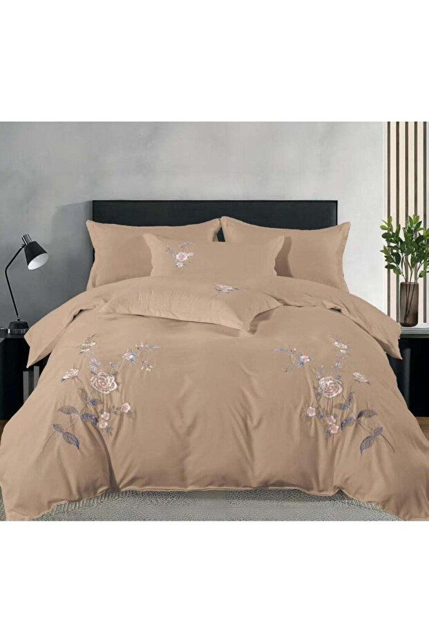 Embroidered 6Pc Floral Cotton King Size Royal Collection Brown Comforter Set