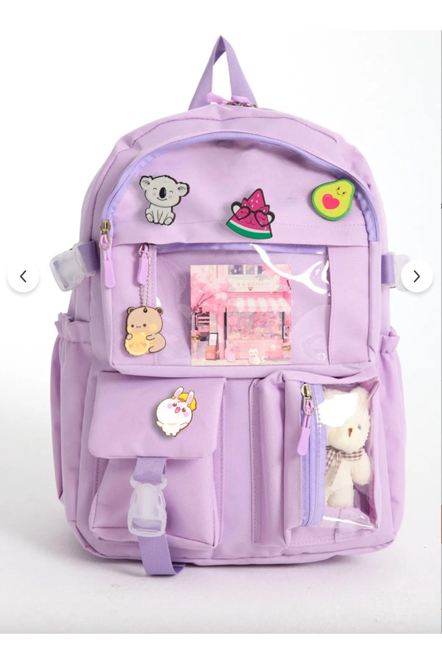 Minga London Lila Kawaii Kore Tarzı Peluş Ve BESLENME HEDİYELİ ve (Rozetsiz ) Okul Sırt Çantası-Minga London