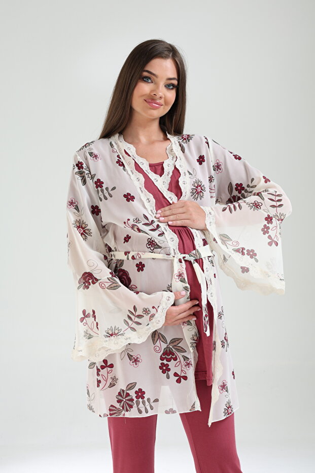 Women's Burgundy Flounced Special Design Patterned Lace Maternity Maternity Dressing Gown Pajama Set
