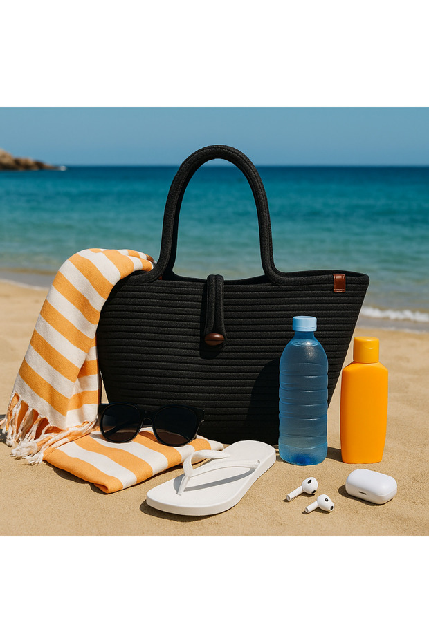 Jute Straw Black Color Beach Bag Daily Short Handle Shoulder Bag Handmade Natural Trend Bag