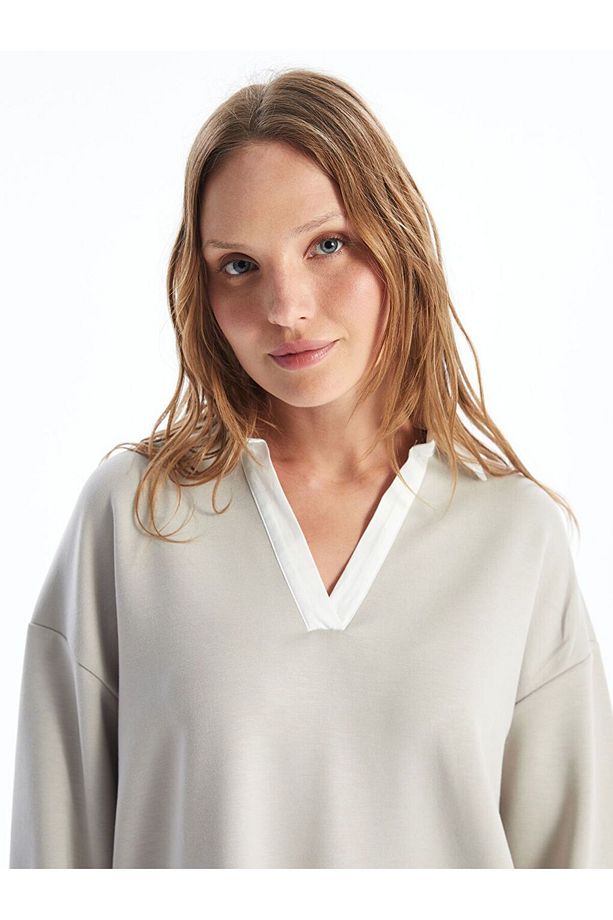 LCWAIKIKI Basic Gömlek Yaka Düz Uzun Kollu Kadın Sweatshirt - 2