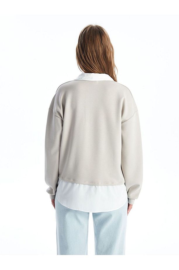 LCWAIKIKI Basic Gömlek Yaka Düz Uzun Kollu Kadın Sweatshirt - 5