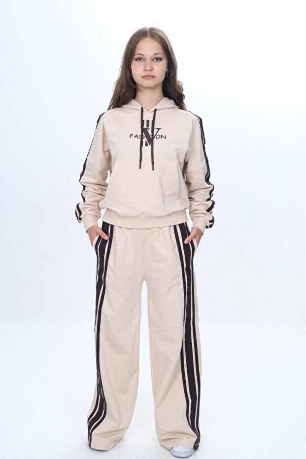 %100 Pamuk 2 İplik Kız Çocuk Eşofman Takımı – Oversize, Kapüşonlu, Kanguru Cepli-308 - 6