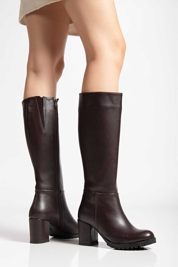 Oval Toe Side Zipper Leather Look Heeled Women's Brown Boots 7cm Heel Zy-08