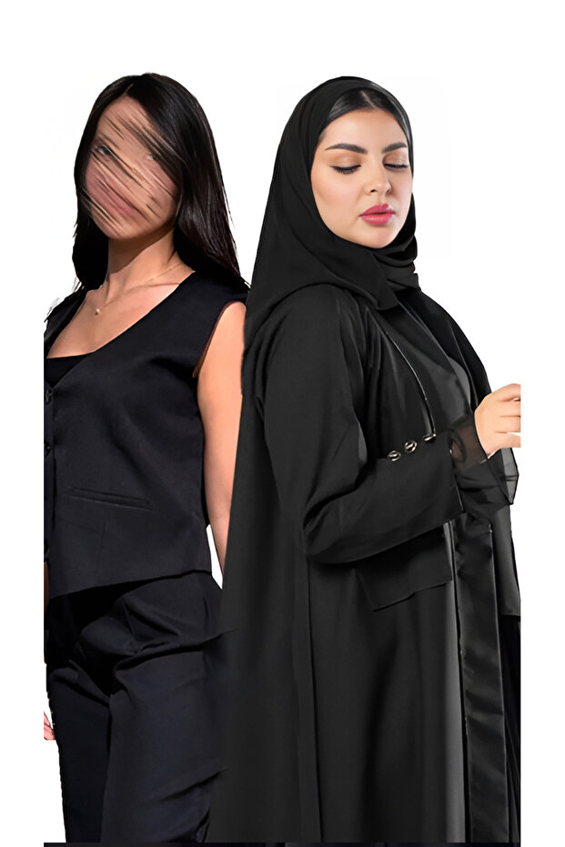 طقم عباية بأكمام شيفون ومجموعة سوداء تحت العباءة