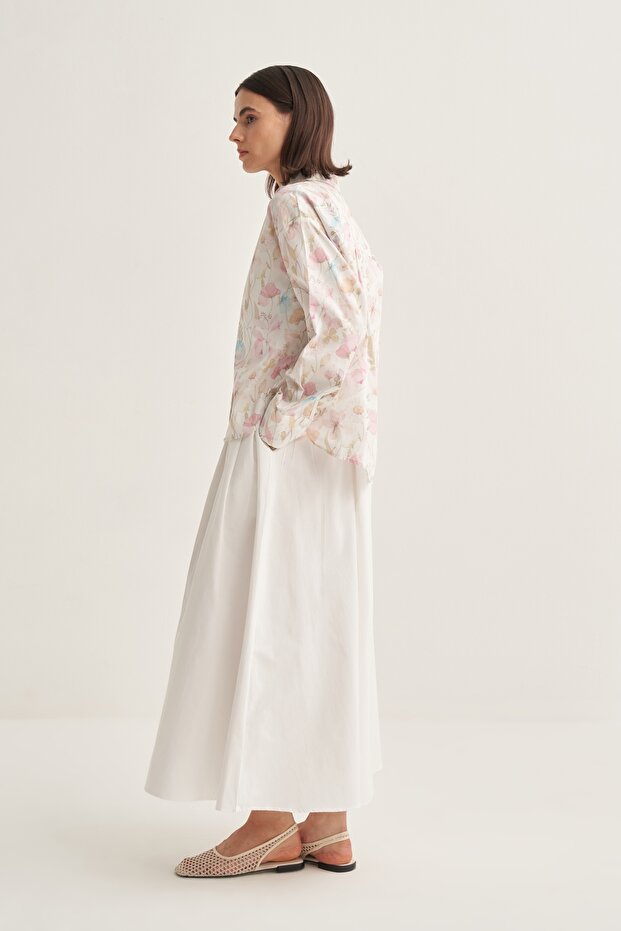 Kadın Poplin Oversize Kısa Gömlek Spring Desen Ekru - 3