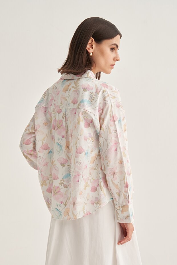 Kadın Poplin Oversize Kısa Gömlek Spring Desen Ekru - 5