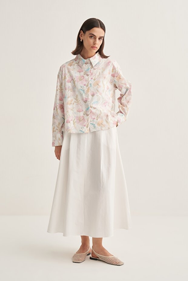 Kadın Poplin Oversize Kısa Gömlek Spring Desen Ekru - 1
