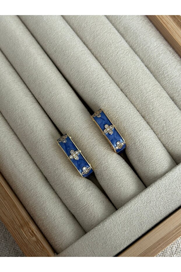 Mavi Mor Mineli Yonca Desenli Küpe - 2