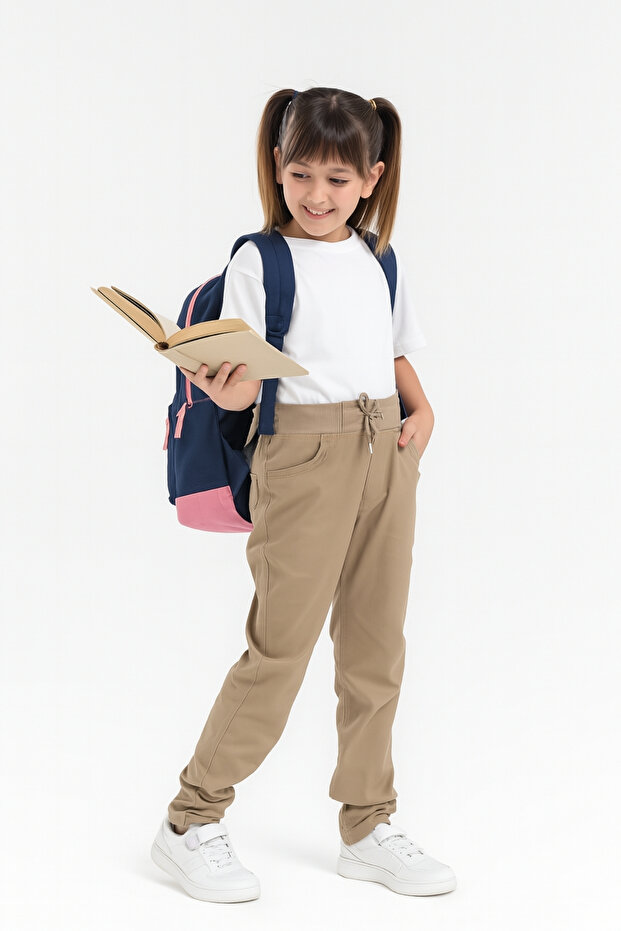Girls' Waist Drawstring School Camisole Pants Beige G2025-2