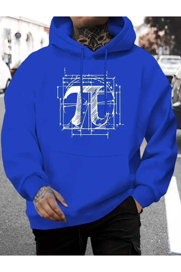 Pi Number Printed Cotton Cobalt Blue Sweatshirt with Hooded Pocket