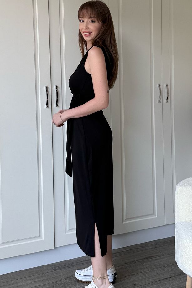 Yandan Bağlamalı Modal Askılı Siyah Elbise - 5