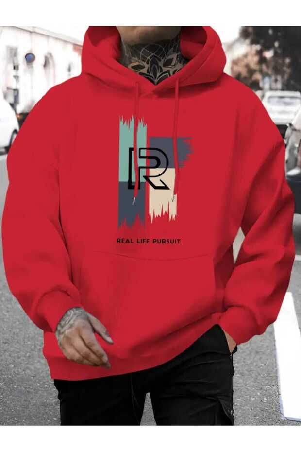 Real Life Pursuit Printed Hooded Pocket Cotton Red Sweatshirt