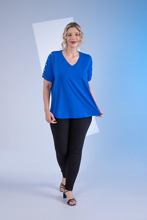 1112077 Women's Plus Size Sleeve Detailed Blouse Cobalt