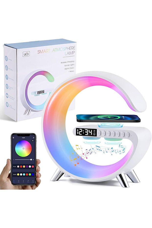 Wireless Charging Night Light with Bluetooth Speaker, Smart 6-in-1 Table Lamp with Alarm Cloc