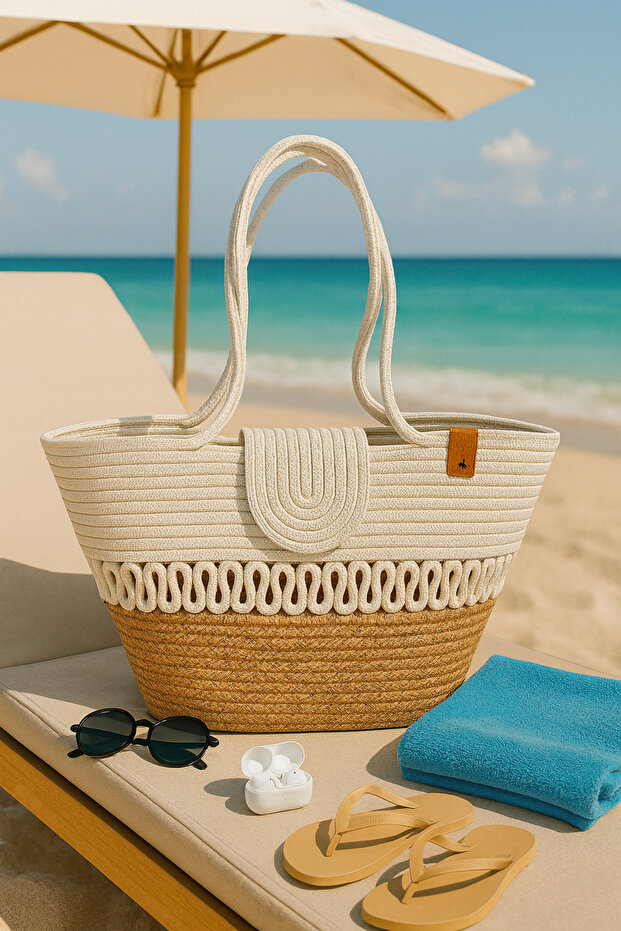 Women's Beach Bag, Casual Long Handle Shoulder Bag, Handmade Magnet Closure Natural Trend Bag