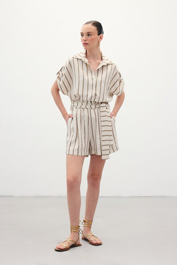 Çizgili Keten Şort - Camel - 3