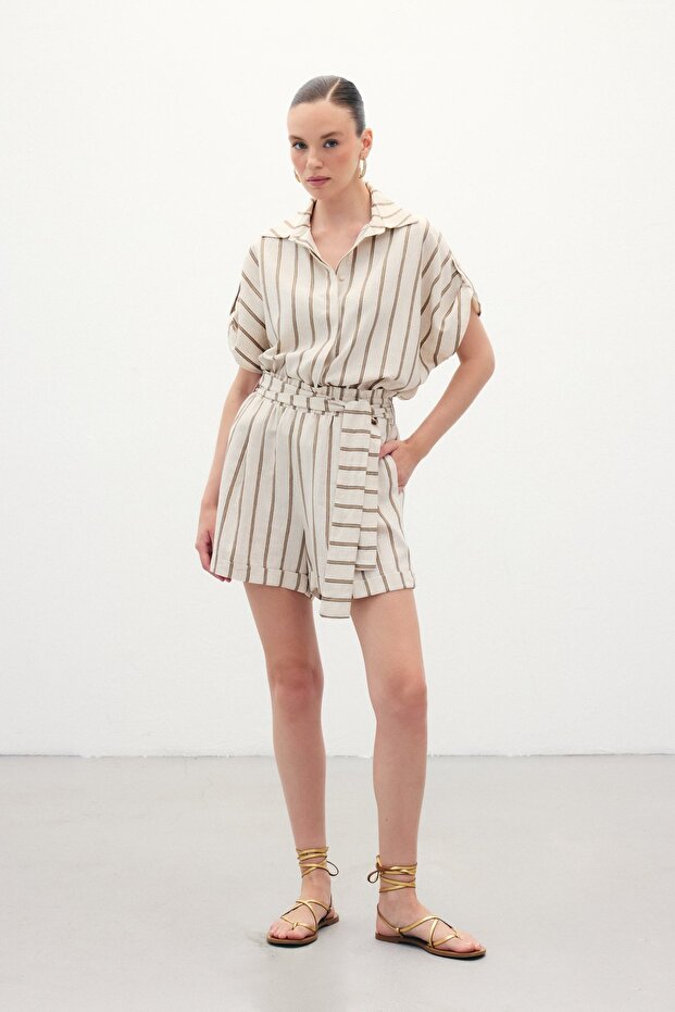 Çizgili Keten Şort - Camel - 1