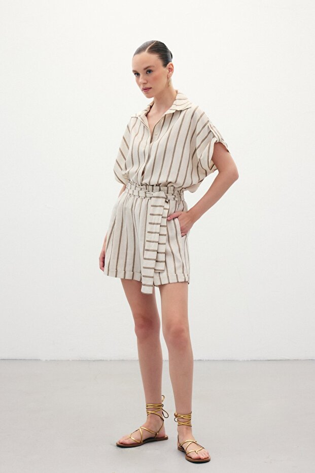 Çizgili Keten Şort - Camel - 5