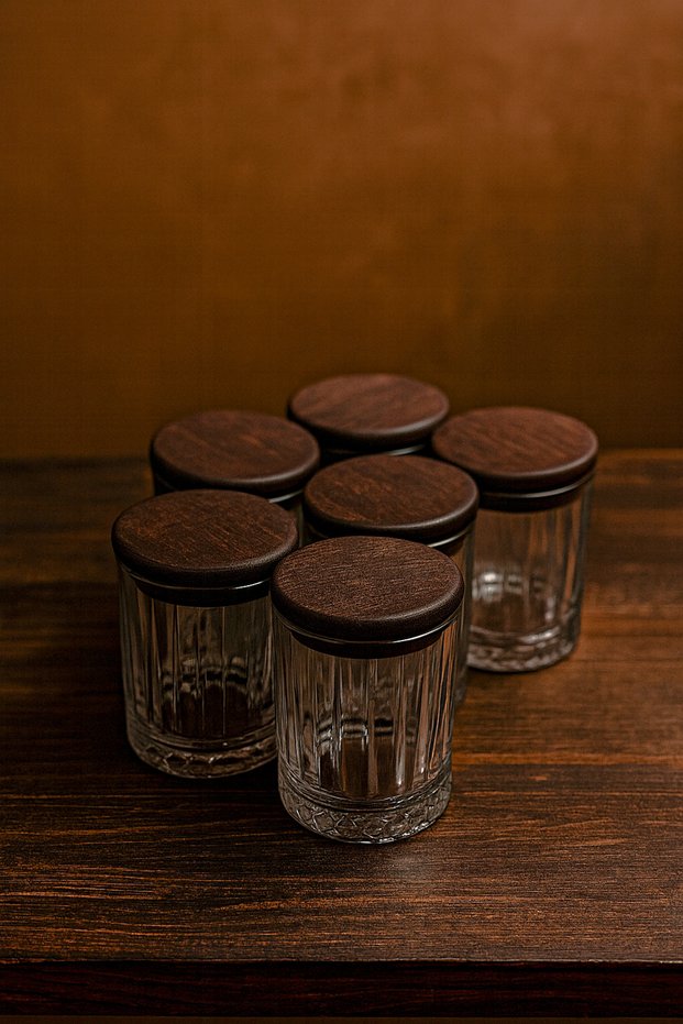 Laura Lotus- Set of 6 Vacuum Glass Spice Containers with Wooden Lids, Storage Container Set 140 ml