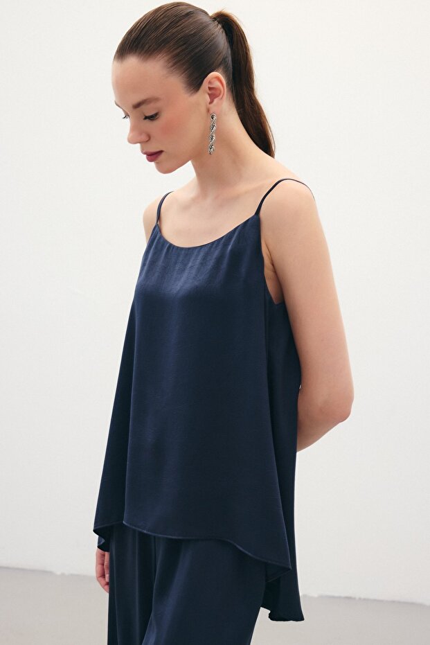 Satin Blouse with Straps - Navy Blue