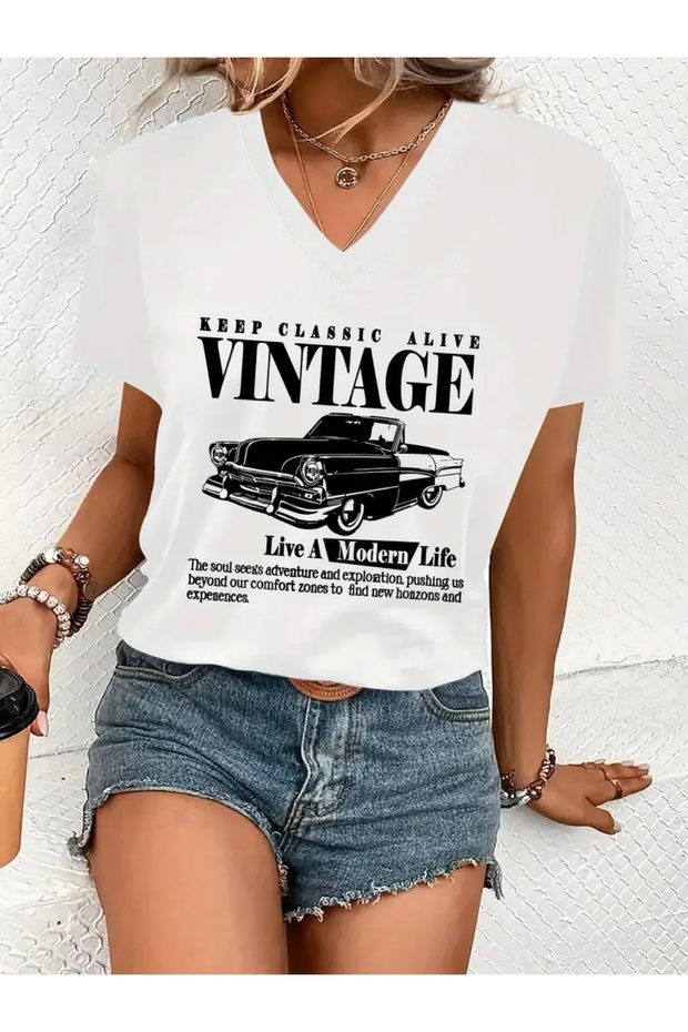 Vintage Printed Women's Oversize V-Neck T-Shirt