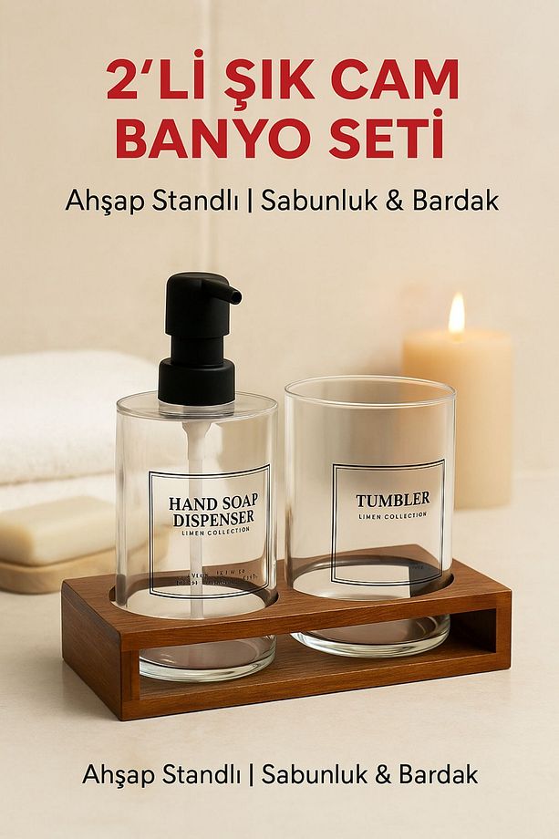 2’li Cam Ahşap Standlı Banyo Seti – Sabunluk ve Bardak – 430 ml – Modern Şık Tasarım - 1