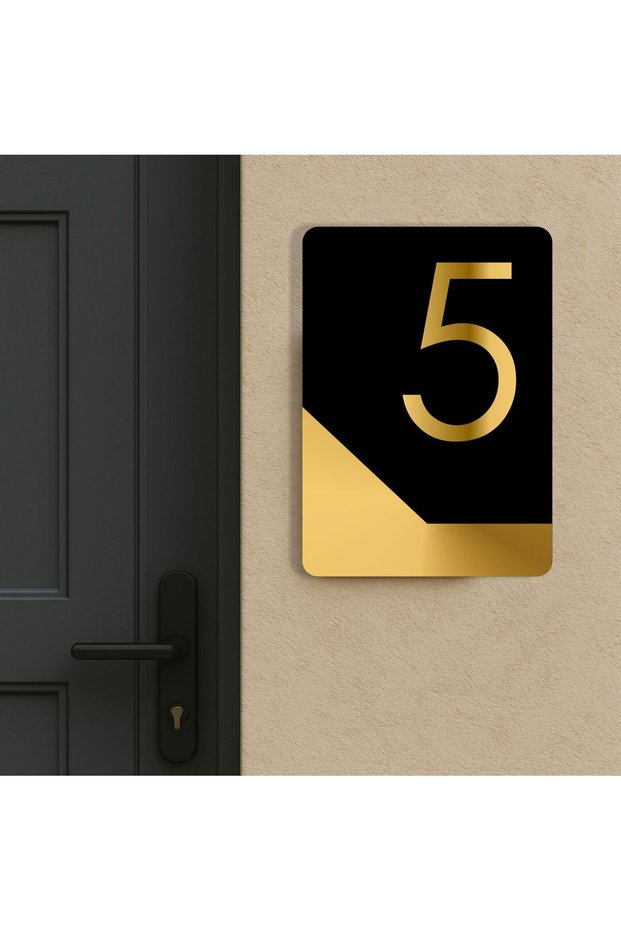 Apartment -Wall - Door - Hotel Number Laser Cut (Black & Gold 14X10 cm) Number 5 Five