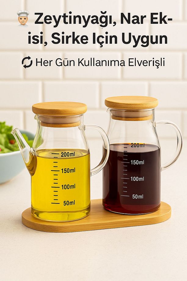 2’li Cam Yağlık Sirkelik Seti 200 ml Ölçülü Borosilikat Cam Yağdanlık + Bambu Stand - 2