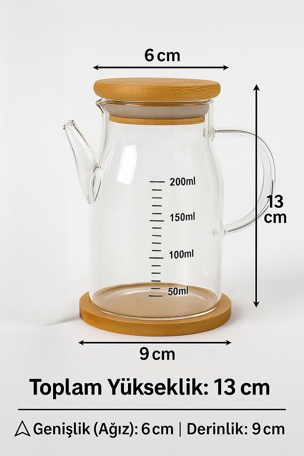 2’li Cam Yağlık Sirkelik Seti 200 ml Ölçülü Borosilikat Cam Yağdanlık + Bambu Stand - 7