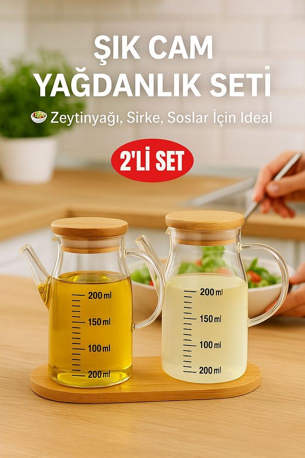 2’li Cam Yağlık Sirkelik Seti 200 ml Ölçülü Borosilikat Cam Yağdanlık + Bambu Stand - 1