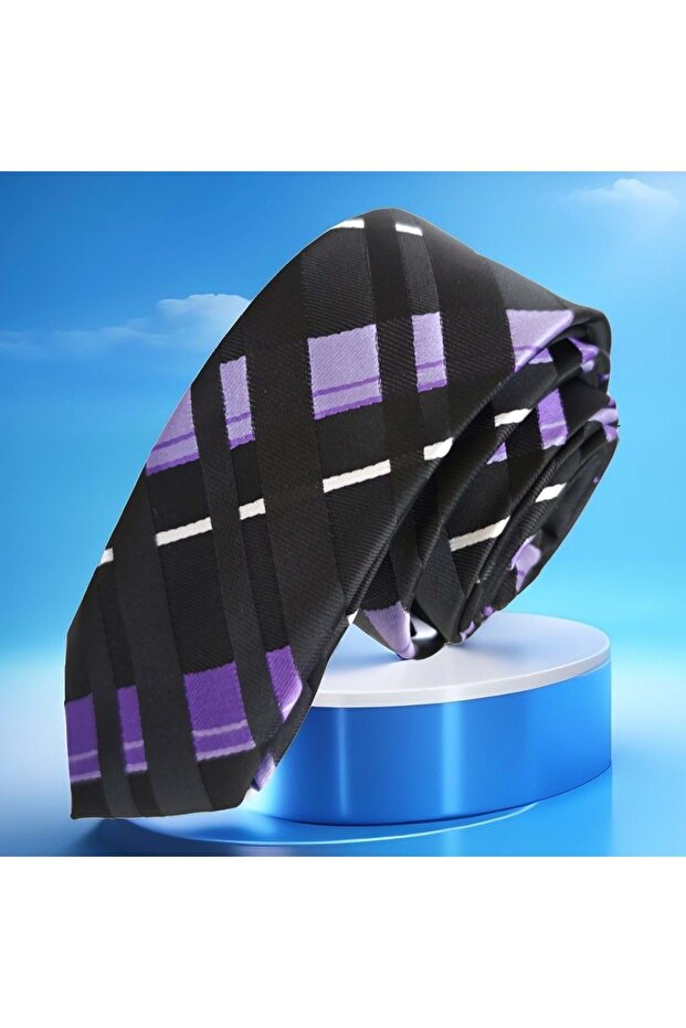Purple Black Lilac Plaid Square Transition Thin Fashion Slim Tie