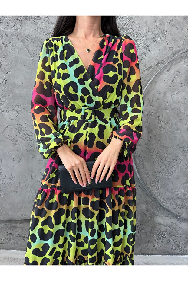 Women's Neon Leopard Belted Maxi Long Dress