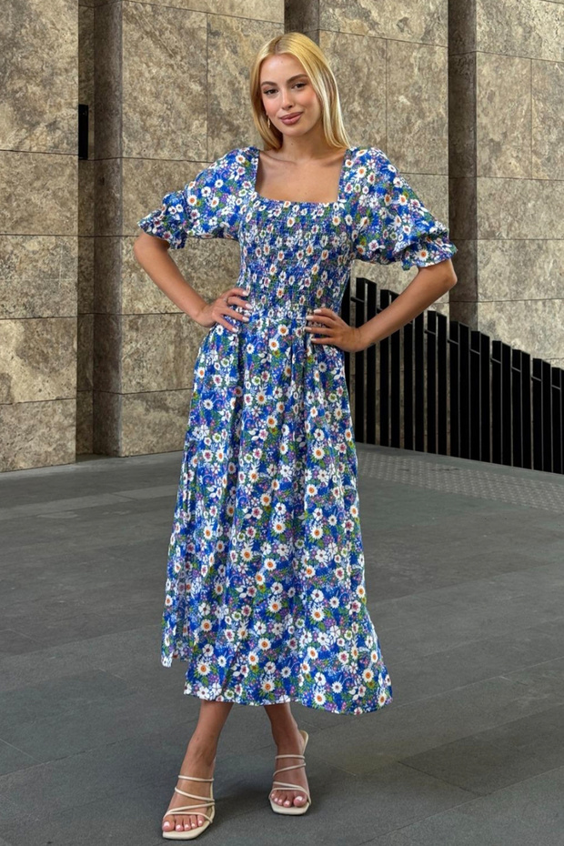 Women's Blue Patterned Ethnic Authentic Short Sleeve Dress