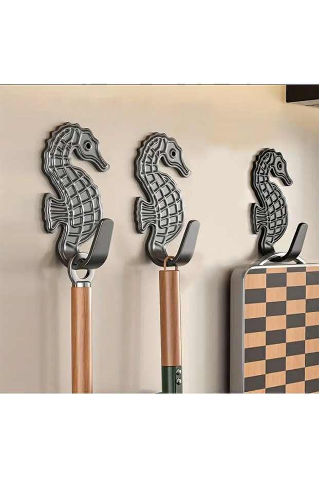 Set of 3, Metal, Seahorse Wall Hanger - Adhesive and Stylish Decorative Hangers - Hole-Free Mounting
