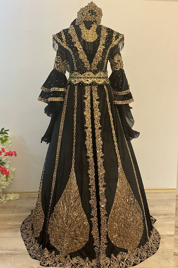 Tesettür Bindallı Kaftan Kadife Abiye Gelin Kına Gecesi Elbisesi TACI -KEMER-KOLYE TARLATAN Hediye - 1