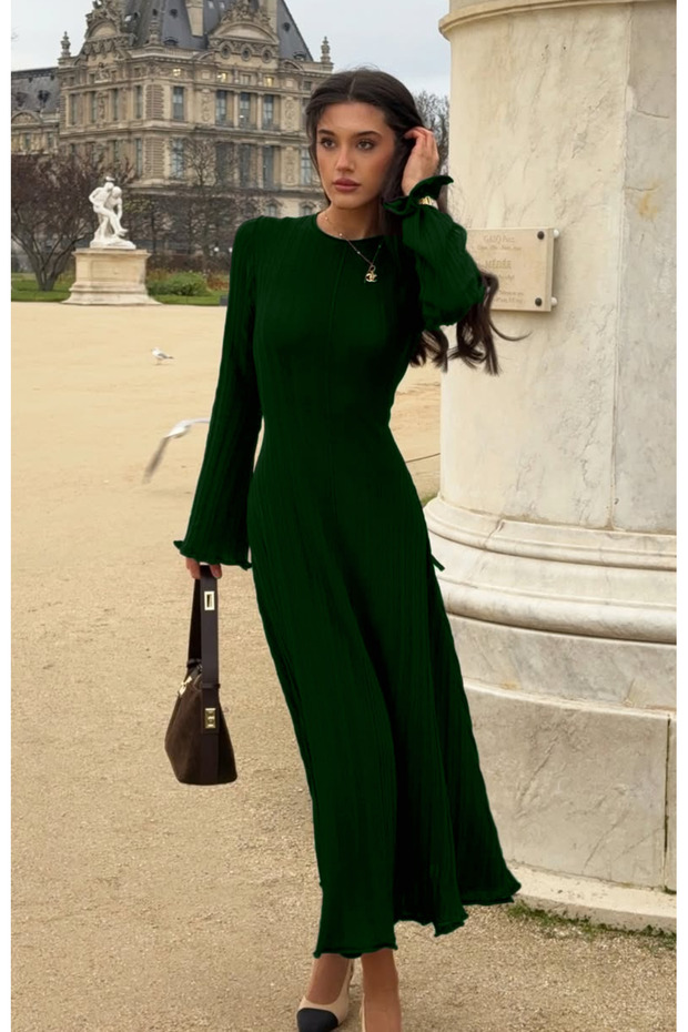 Fitilli Şık Triko Elbise - Zümrüt - 6