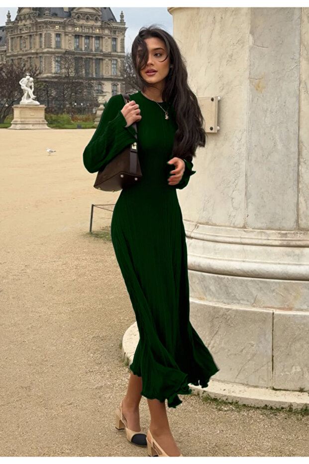 Fitilli Şık Triko Elbise - Zümrüt - 4