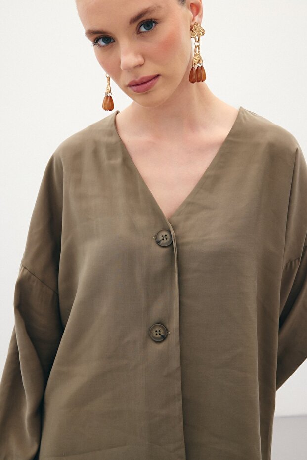 Düğmeli Kimono - Haki - 7