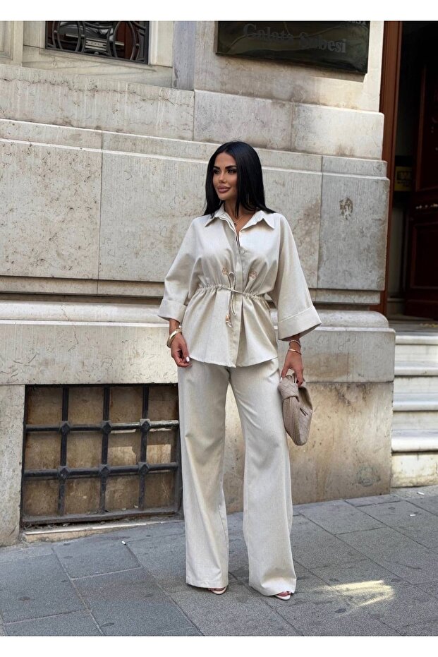 LINEN BATWING SLEEVE TIE-DETAIL SHIRT PANTS TWO-PIECE SET