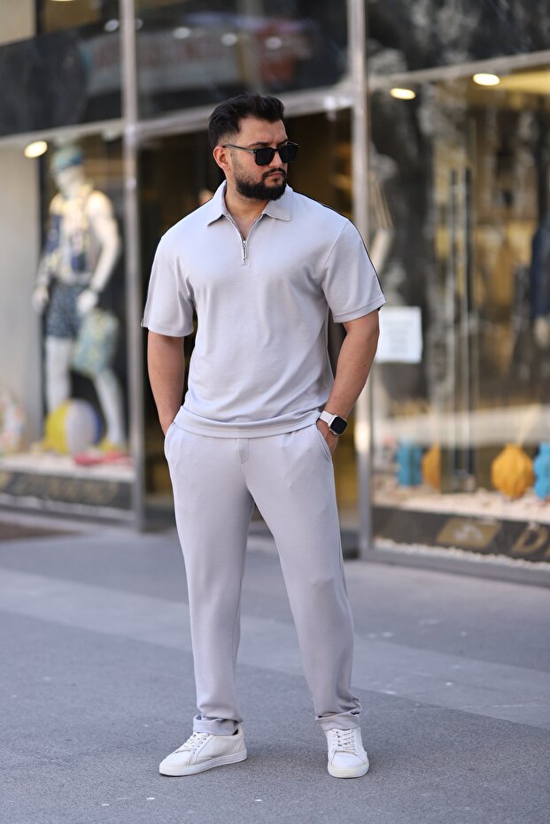 Men's Polo Neck T-Shirt Comfortable Tooling Zipper Detailed Bottom Top Suit